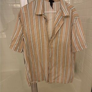 H&M Tan and White Casual Button Down Shirt with Vertical Stripes